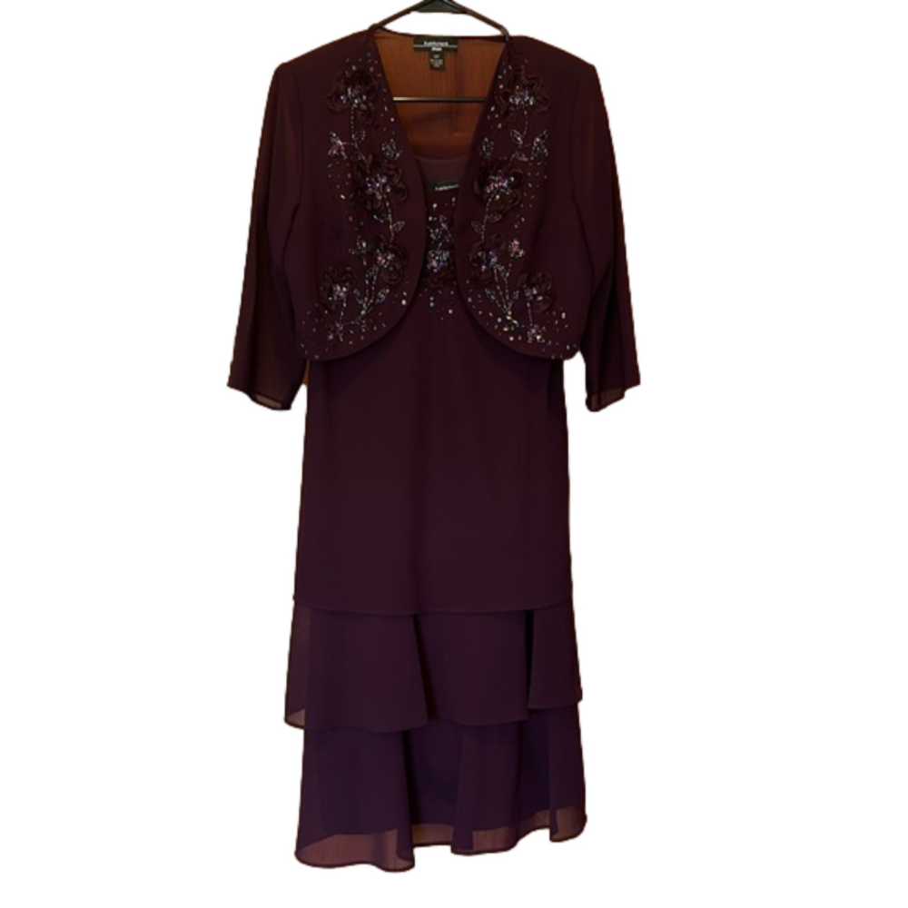 Plum Purple Sleeveless Tiered Beaded Midi Dress w Matching 3/4 Sleeve Jacket 12P